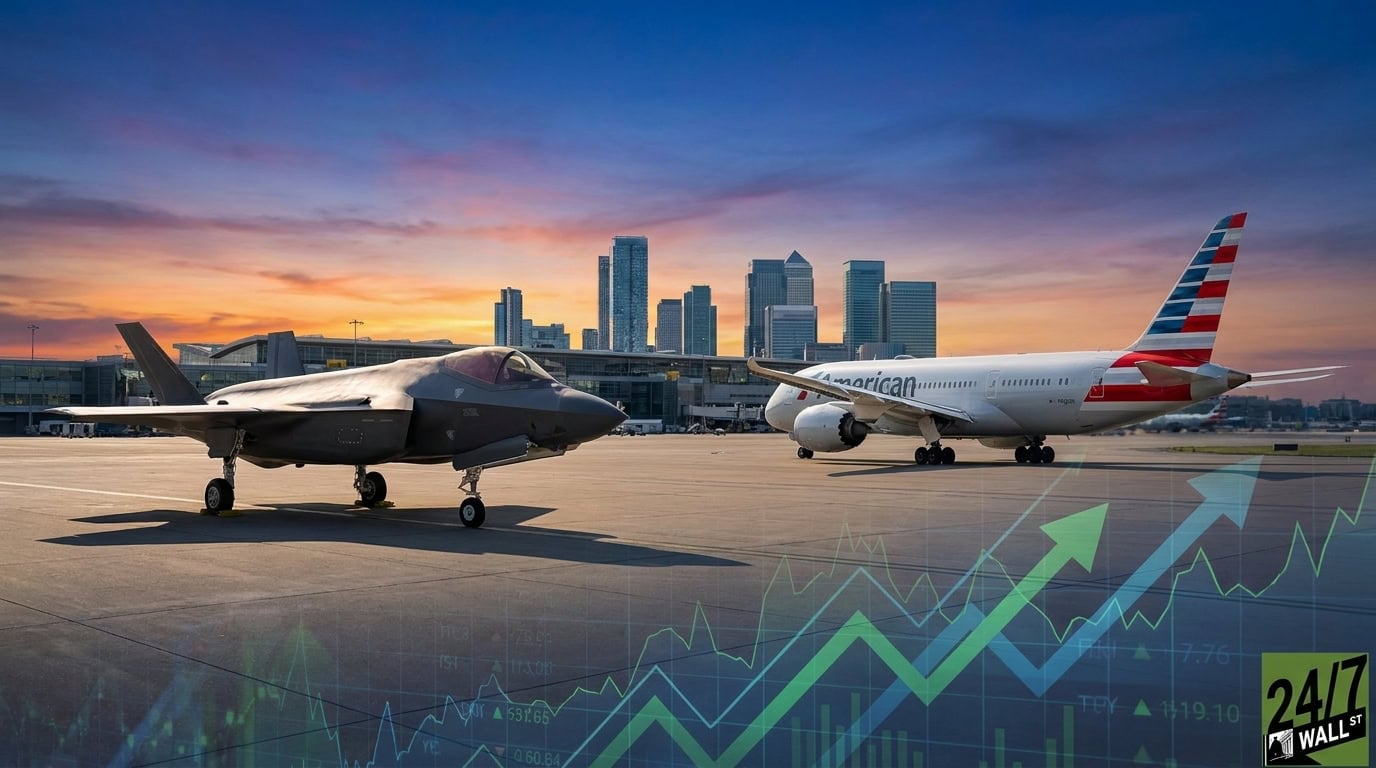 A military fighter jet and a commercial airliner on a runway at sunset with rising green stock market graphs overlaid on the image.