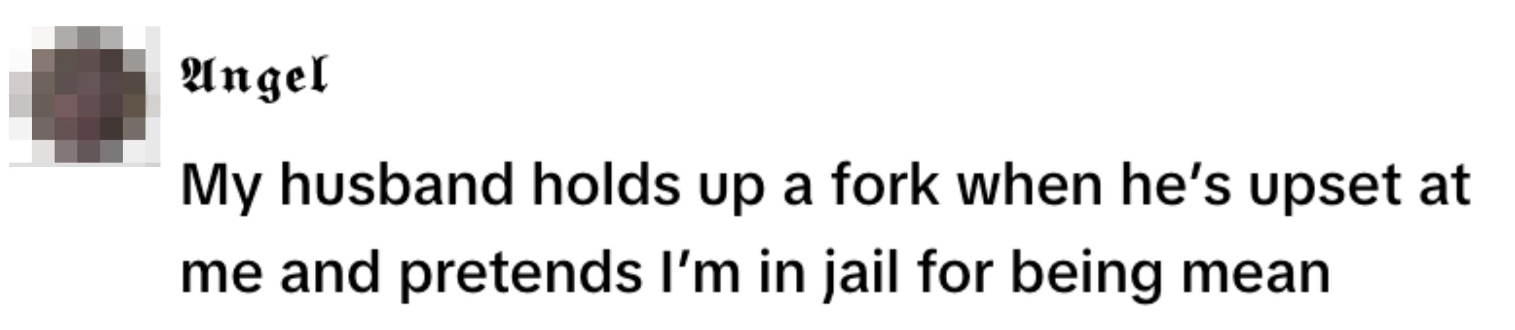 Text post with username "Angel" discussing how their husband uses a fork as a playful gesture when upset
