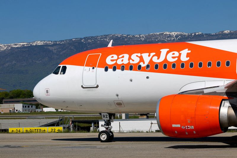 FILE PHOTO: An Airbus A320 aircraft operated by EasyJet prepares for takeoff at Cointrin Airport in Geneva