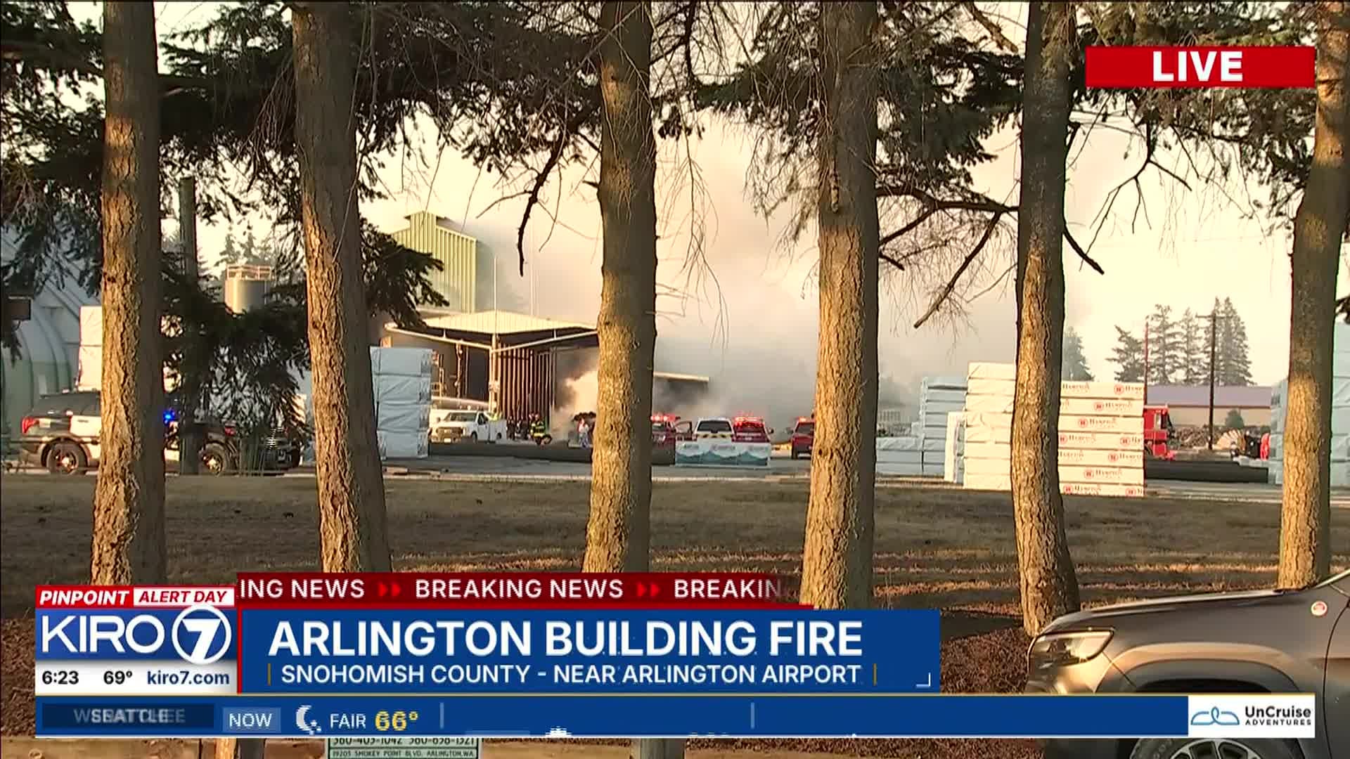Logging company warehouse catches fire next to Arlington Airport