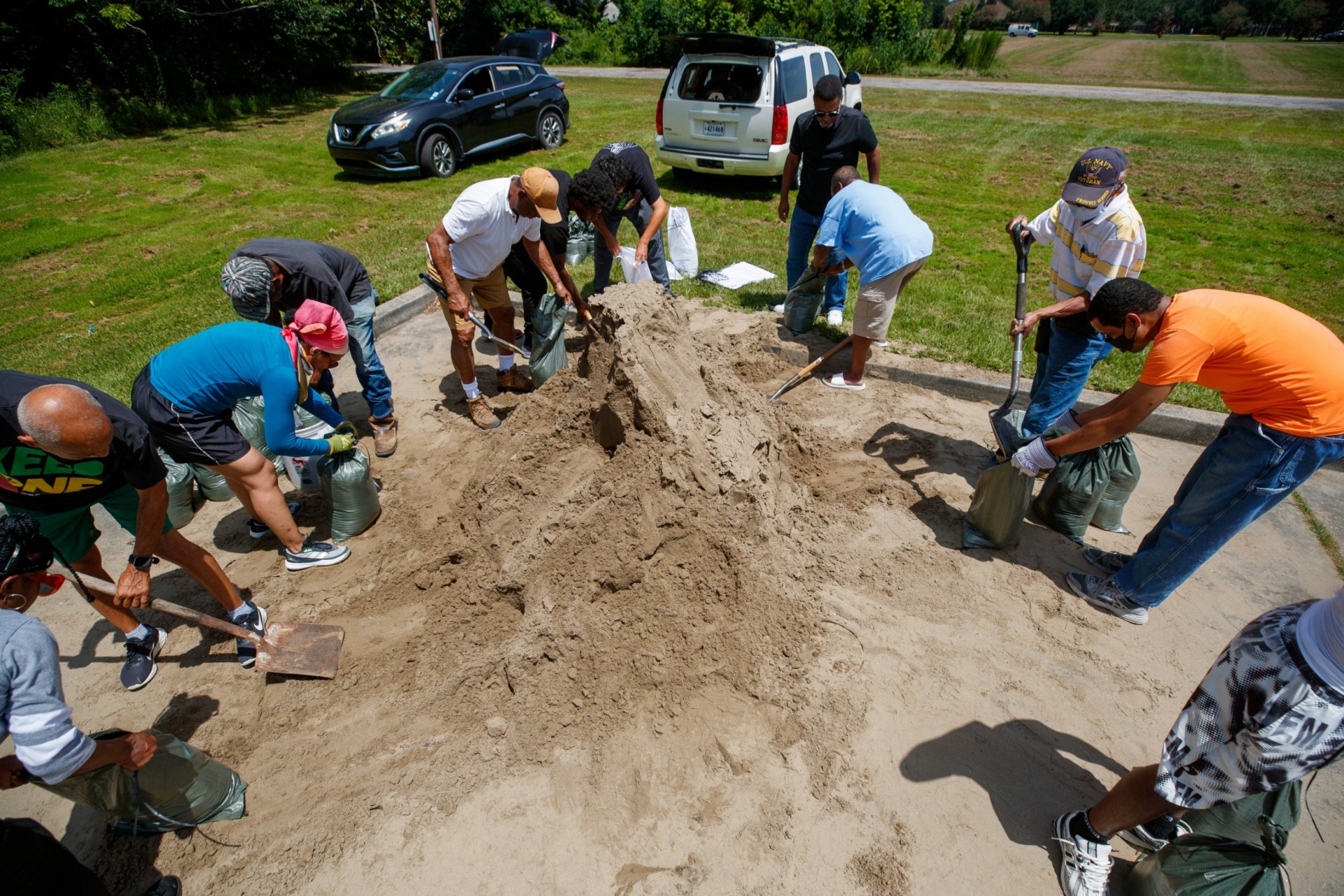 Algiers residents make sandbags ahead of Tropical Storm Bertha at Morris FX Jeff Sr. Park in Algiers, New Orleans, Monday, July 20, 2026.