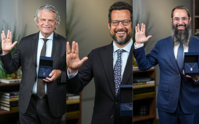 (L-R) Vanderbilt University Chancellor Daniel Diermeier, Vice Chancellor for Operations and the Campus Network Darren Reisberg, and Rohr Chabad House and Lubeck Center for Jewish Life director Rabbi Shlomo Rothstein, 2026 winners of the Nimoy-Knight Foundation’s ‘Live Long and Prosper’ Tribute Award (Courtesy/Nimoy-Knight Foundation)