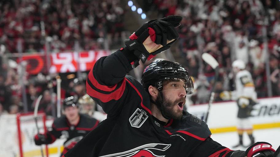 Shayne Gostisbehere celebrates a Stanley Cup Finals goal. Credit: James Guillory-Imagn Images