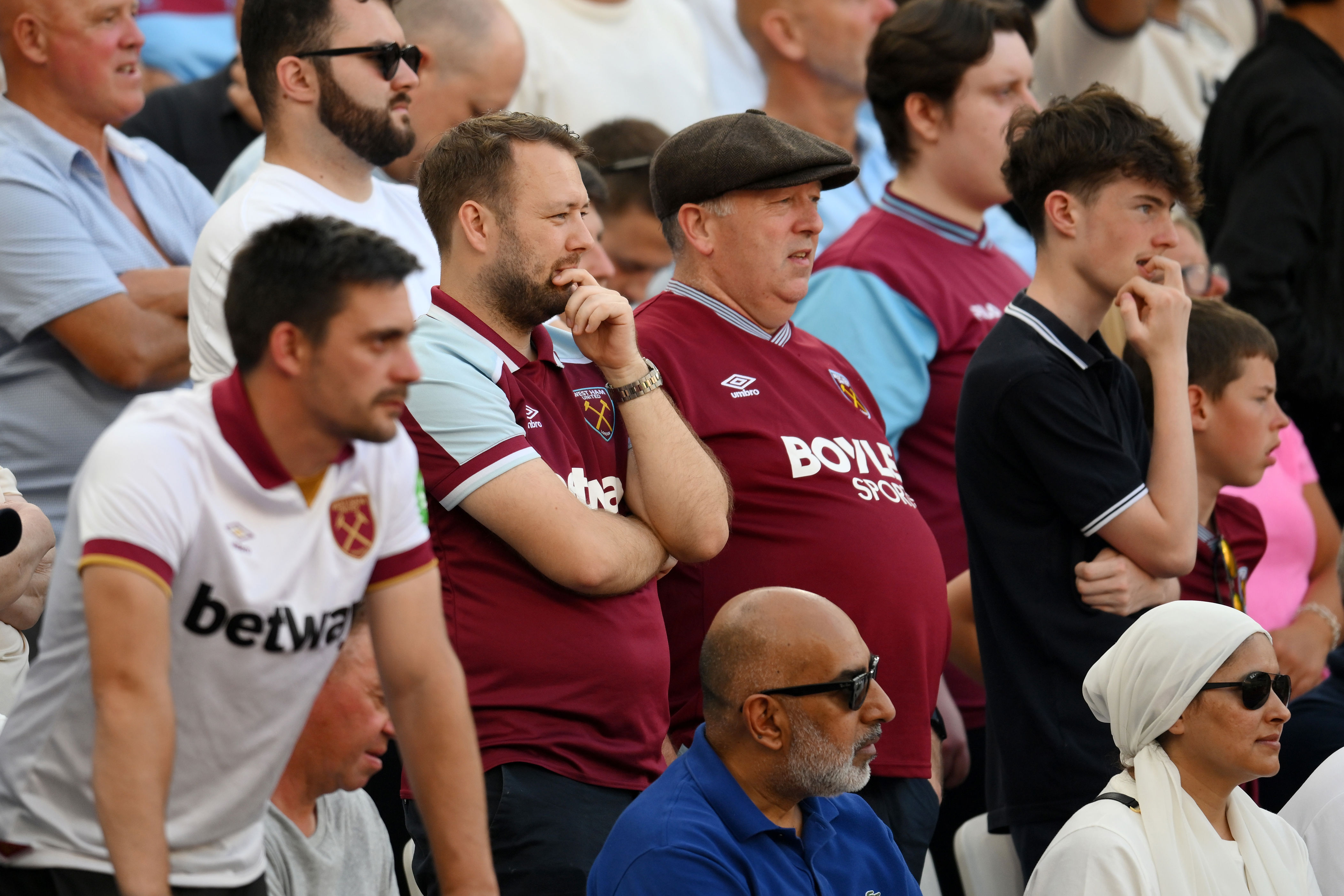 LONDON, ENGLAND - MAY 24: Fans of West Ham United look on during the Premier League match between West Ham United and Leeds United at the London Stadium on May 24, 2026 in London, England. (Photo by Alex Broadway/Getty Images) (Getty)