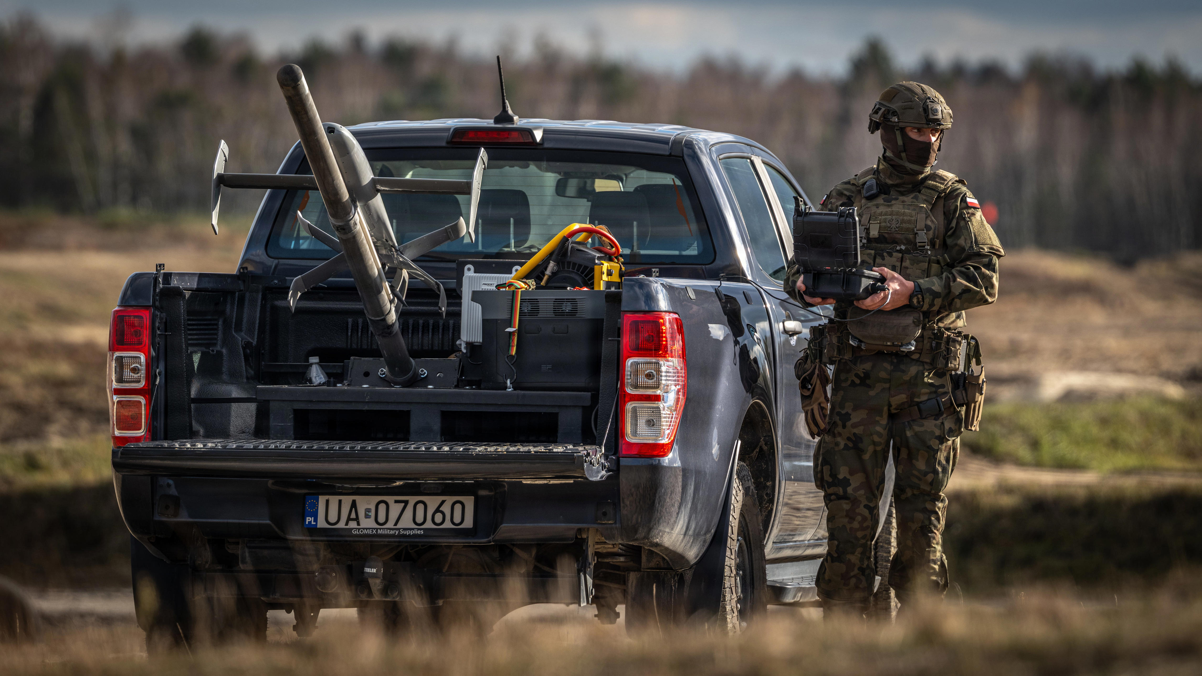 A Polish soldier launches a C-UAS system during a showcase of the system at the Nowa Deba Training Area, Poland, November 18, 2025.