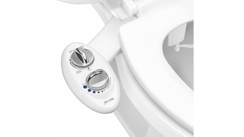 Stock photo of bidet controls beside a toilet seat
