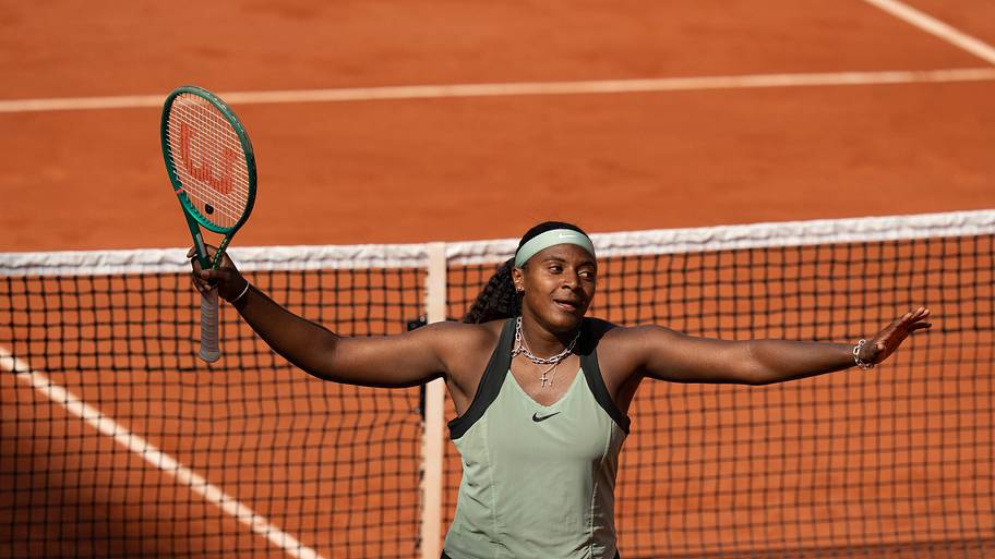 Hailey Baptiste reacts during a match at Roland-Garros.