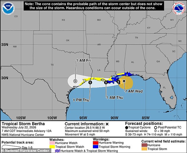 Forecasters predict Tropical Storm Bertha will make landfall in Louisiana by as early as 5pm ET on July 22