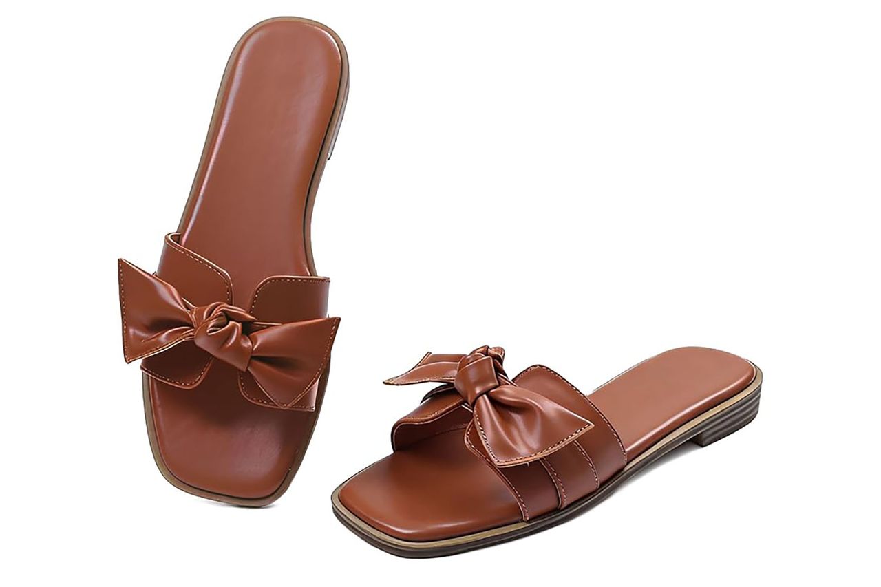 Womens Flat Sandals Bow Square Open Toe Slip On Sandals Dressy Comfortable Summer Beach Sandal Casual Cute Dress Shoes