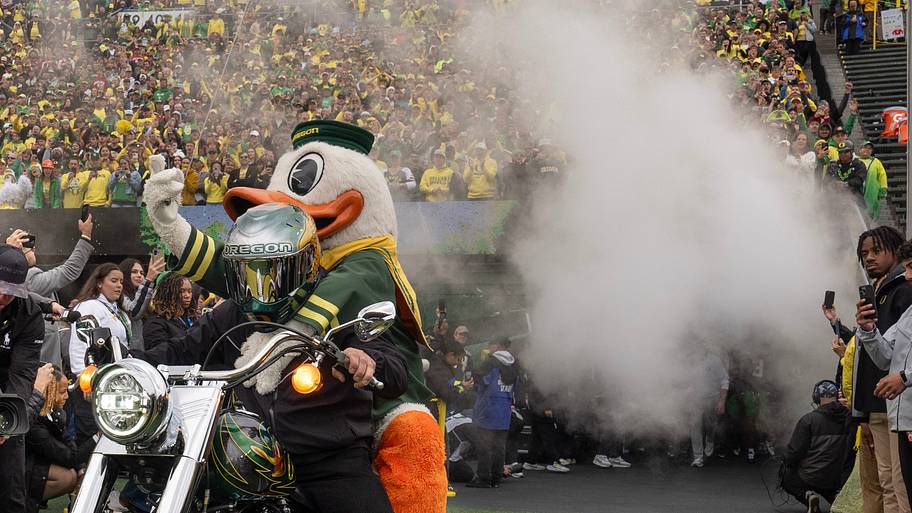 The Duck enters Autzen Stadium before the game against Indiana October 11, 2025.