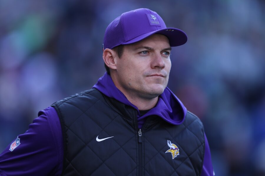 Nov 30, 2025; Seattle, Washington, USA; Minnesota Vikings head coach Kevin O’Connell looks on during warmups against the Seattle Seahawks at Lumen Field. Mandatory Credit: Kevin Ng-Imagn Images