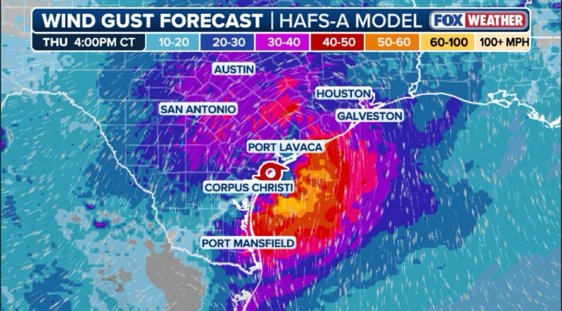 Wind gust forecast HAFS-A Model for Thursday in Texas