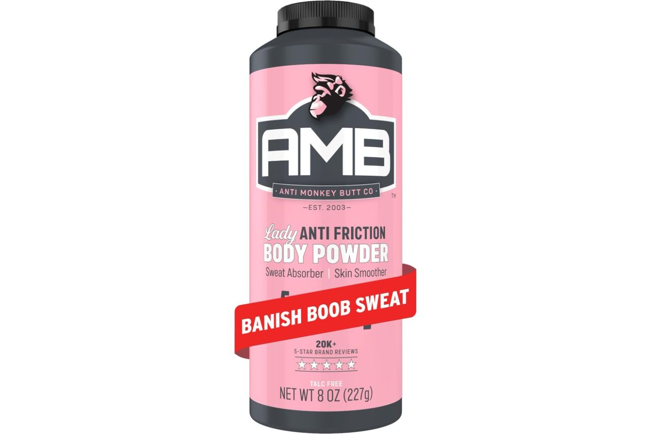 Bottle of AntiMonkey Butt body powder for antifriction usage