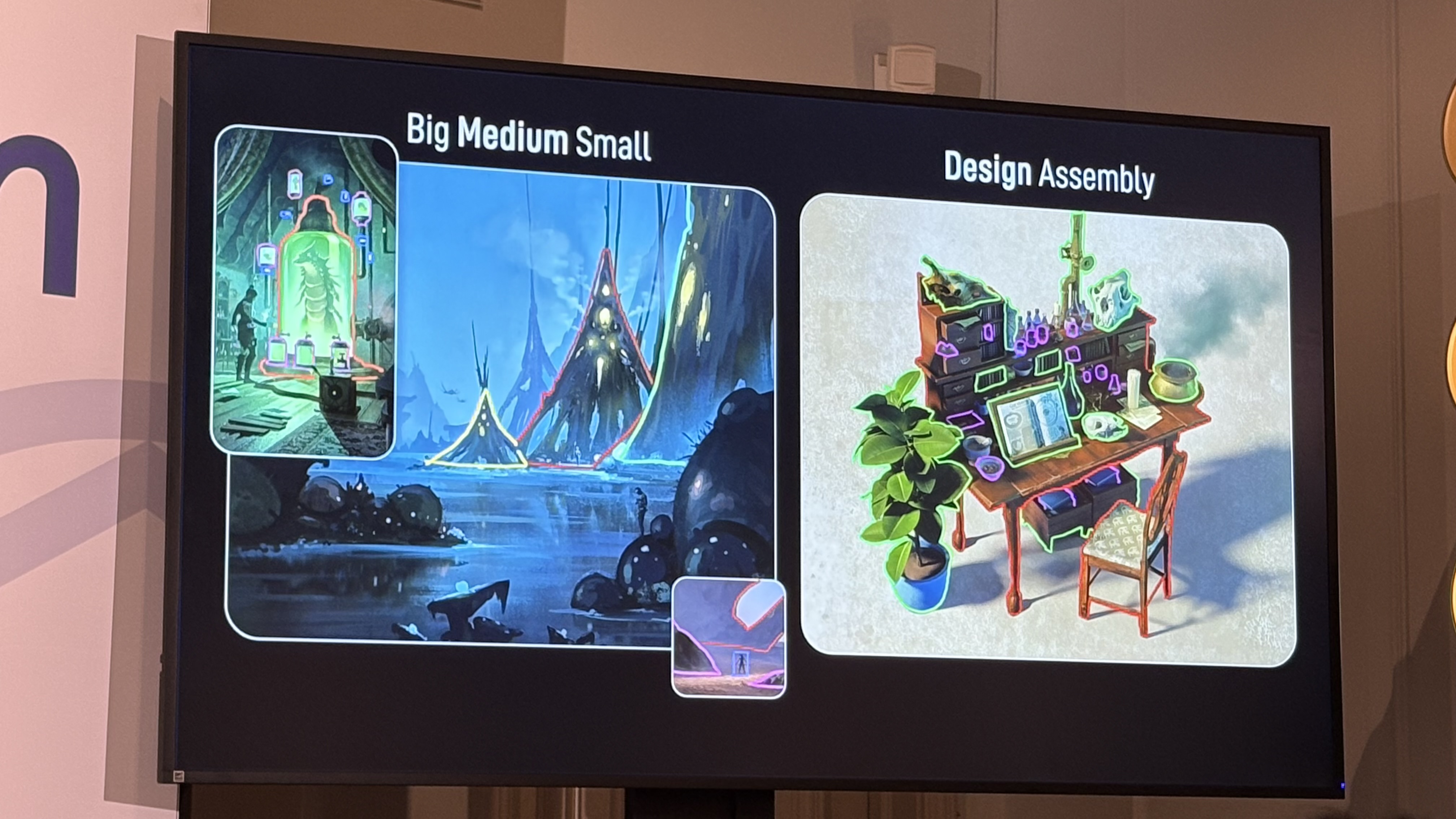 Photos of a woman giving a talk on concept art