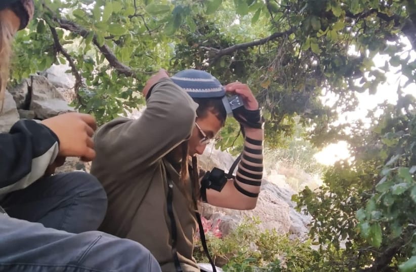 A member of the HaBashan Pioneers movement puts on tefillin on Mount Hermon, July 9, 2026. (credit: HaBashan Pioneers)