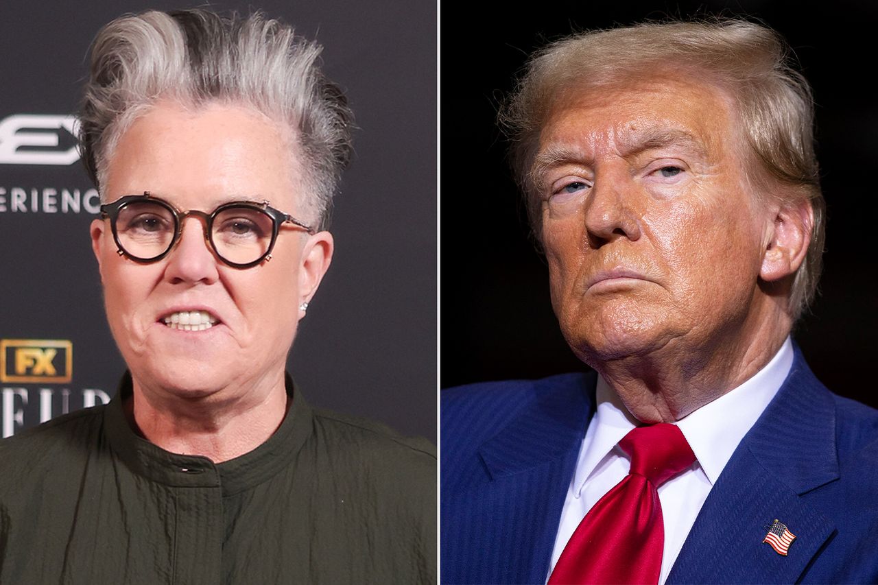 Rosie O'Donnell at The Queerties 2024 Awards celebration on March 12, 2024 in Los Angeles, California ; Donald Trump during a campaign event on August 29, 2024 in Potterville, Michigan.