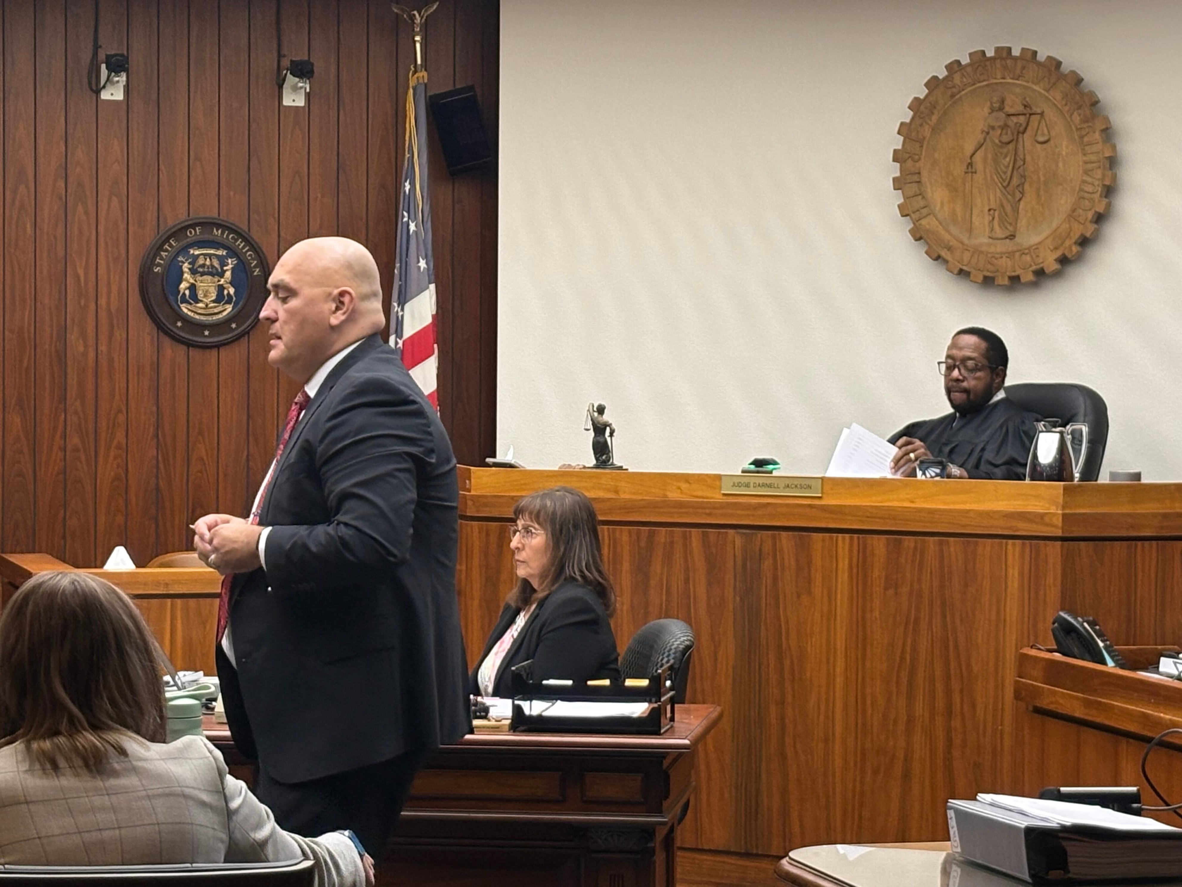 Defense attorney Robert Hinojosa delivers his opening stateent in the trial of Shavar S. Craft Jr., charged with murder, assault with intent to murder, and firearms offenses in Saginaw County Circuit Court on July 22, 2026. Craft is accused of shooting 25-year-old Da'Quan L. Mims 11 times, killing him, outside West Side Party Store on June 16, 2024. Judge Darnell Jackson presides.
