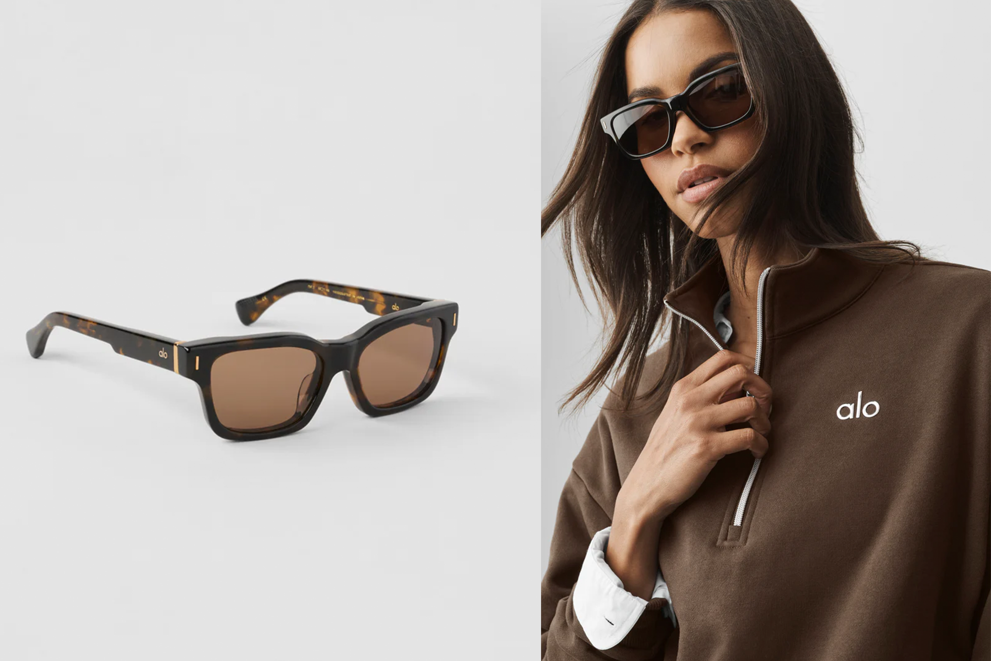 Collage of brown sunglasses on a white background and a woman wearing sunglasses and a brown Alo sweatshirt.