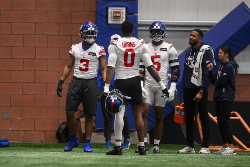 May 21, 2026; East Rutherford, NJ, USA; New York Giants outside linebacker Abdul Carter (3), linebacker Brian Burns (0) and linebacker Kayvon Thibodeaux (5) talk during organized team activities at Quest Diagnostics Training Center. Mandatory Credit: John Jones-Imagn Images