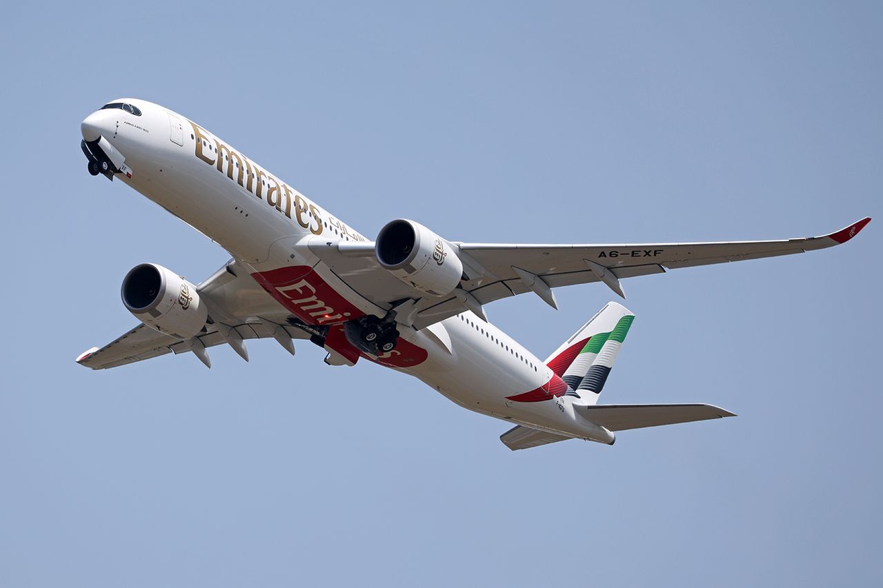 The sixth flight of the Emirates Airbus A350-941 takes place at Toulouse Blagnac Airport in Toulouse, France, on June 24, 2025.