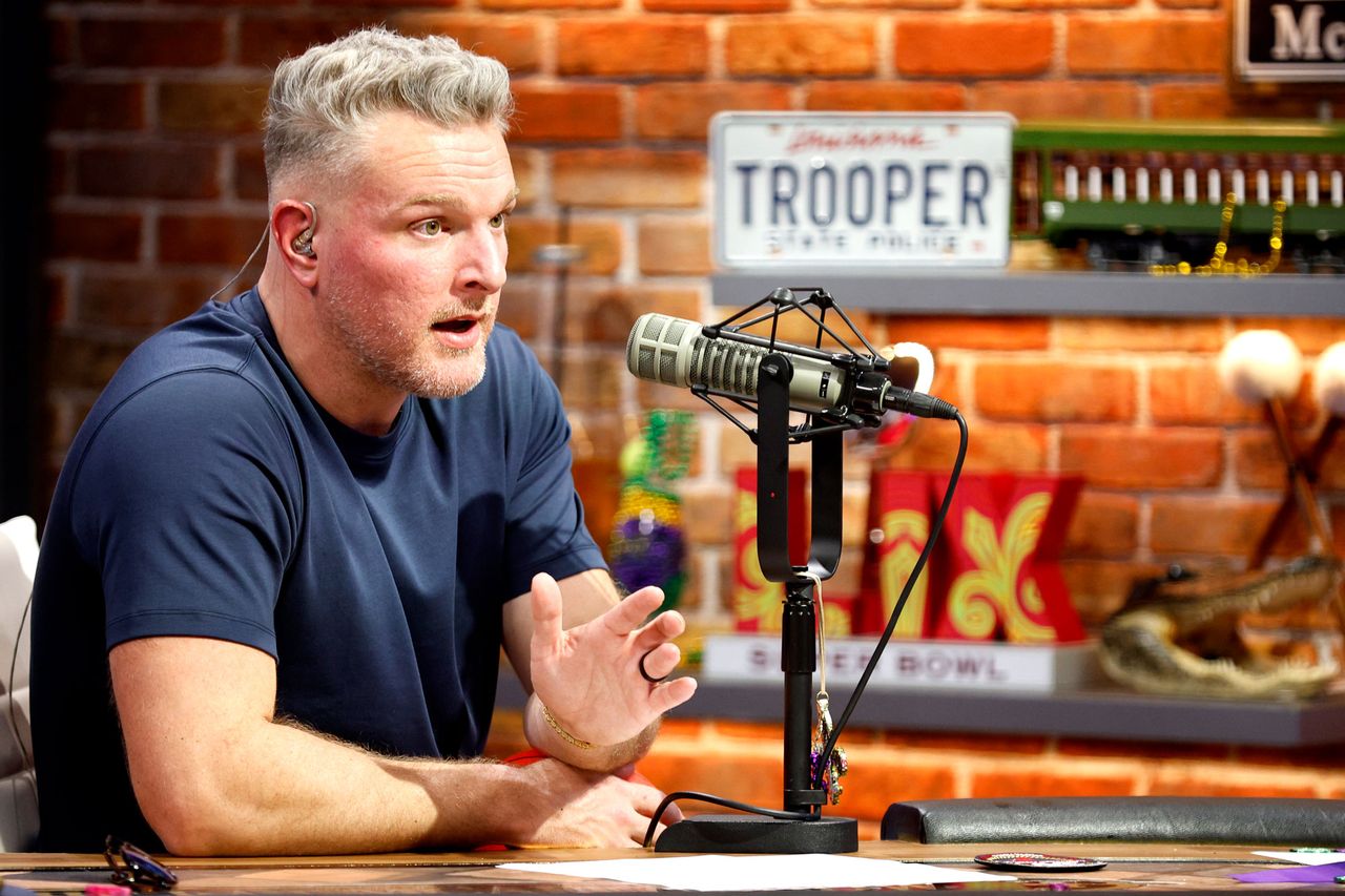 Former NFL player Pat McAfee is seen on the set of The Pat McAfee Show along Radio Row on February 05, 2025