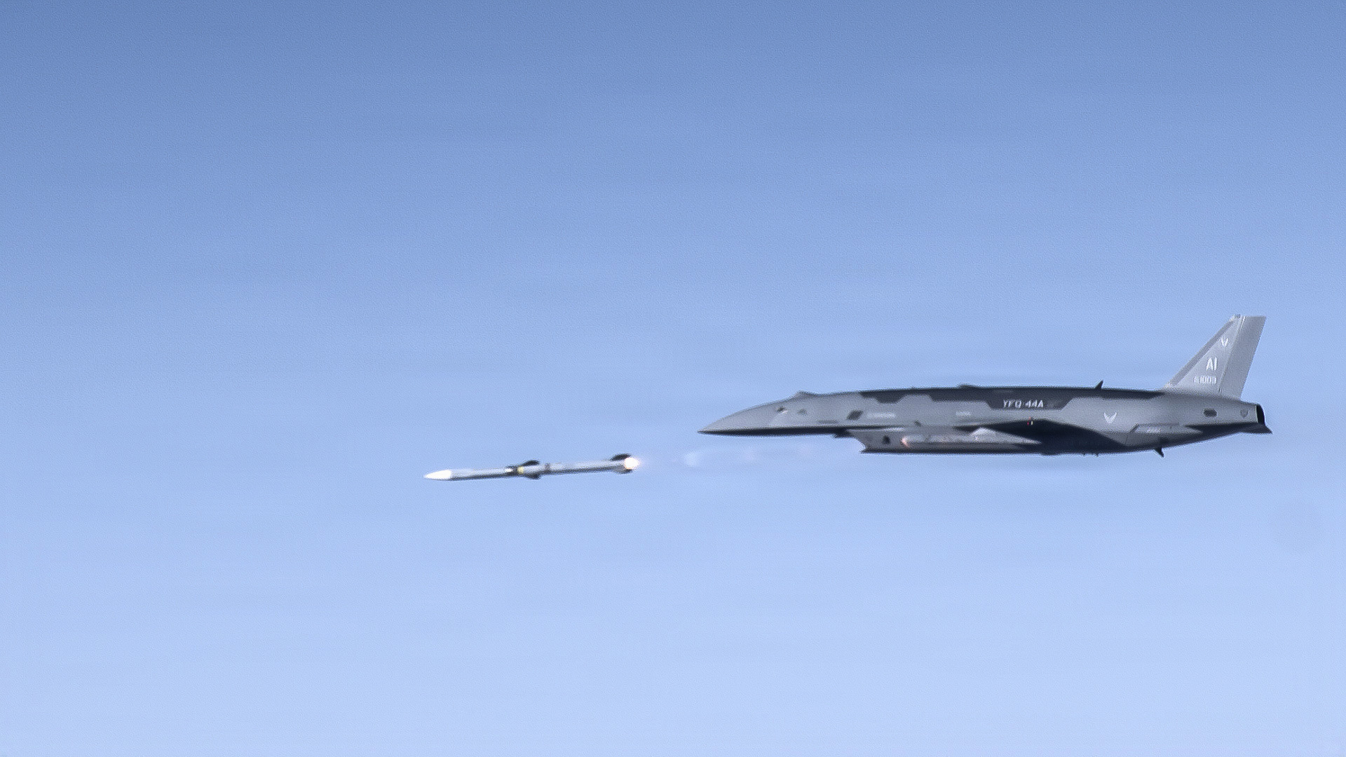 The next generation combat drone is fired from an aircraft over the Mojave Desert
