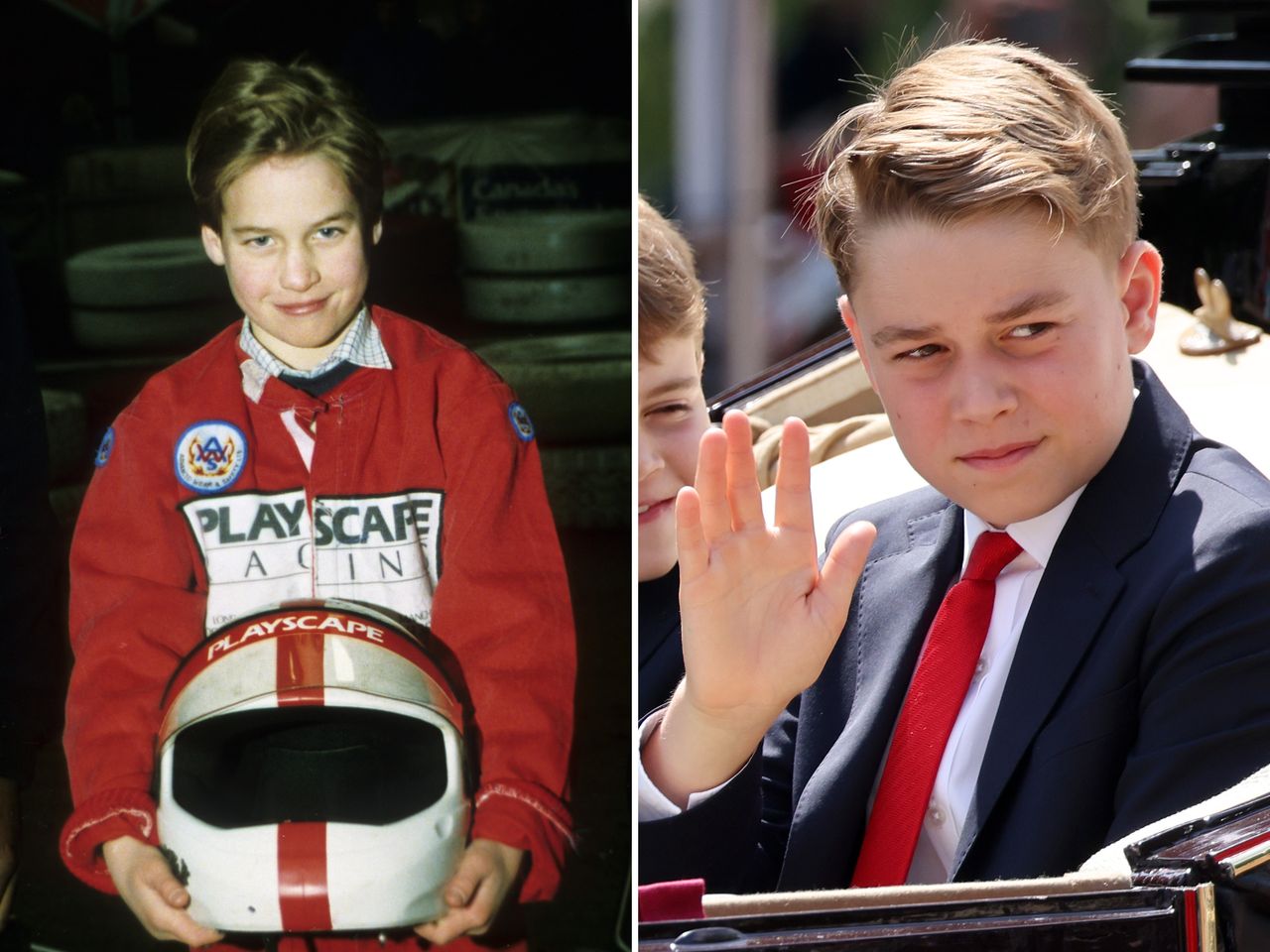 Prince George of Cambridge in two sidebyside images one holding a helmet and the other waving while seated