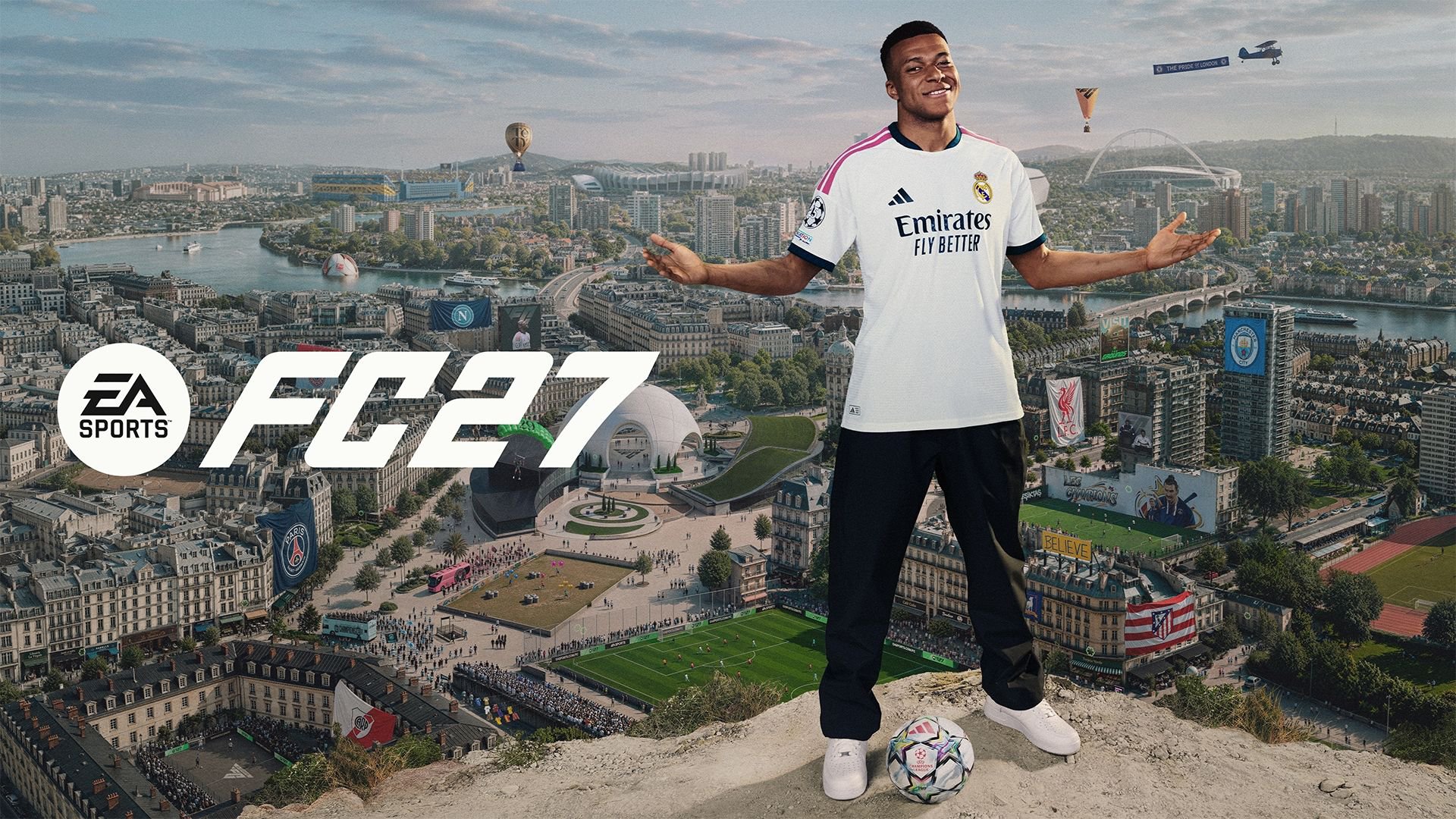 EA Sports FC 27 cover with Kylian Mbappé smiling in front of Paris