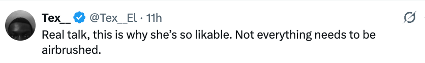 Tweet by Tex emphasizes that natural appearances are likable and criticizes the need for airbrushing