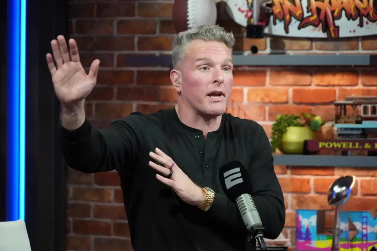 Feb 6, 2026; San Francisco, CA, USA; Pat McAfee on the Pat McAfee Show set at the Super Bowl LX media center at the Moscone Center. Mandatory Credit: Kirby Lee-Imagn Images | Source: Lastwordonsports.com - Steve Carney