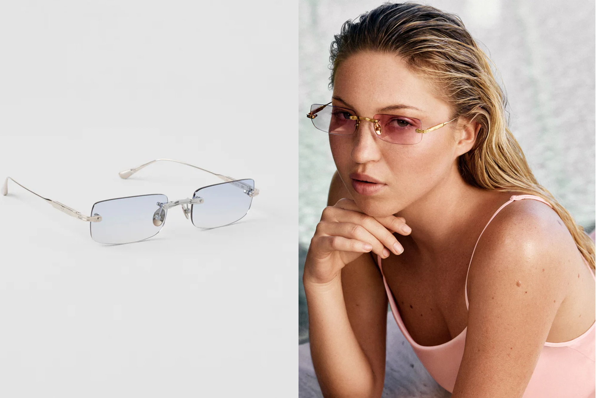 Collage of light blue rimless sunglasses on a white background and a woman wearing similar pink rimless sunglasses.