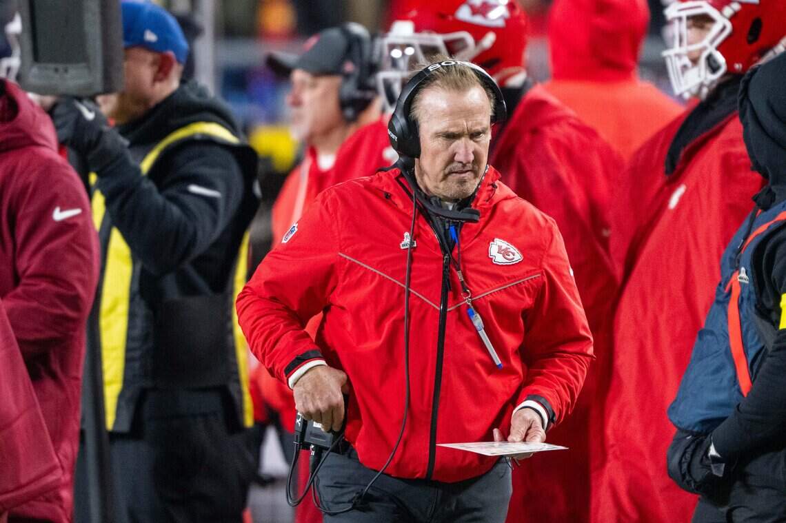 Chiefs defensive coordinator Steve Spagnuolo calls a play during a game against the Houston Texans at GEHA Field at Arrowhead Stadium in Kansas City on Dec. 7, 2025.