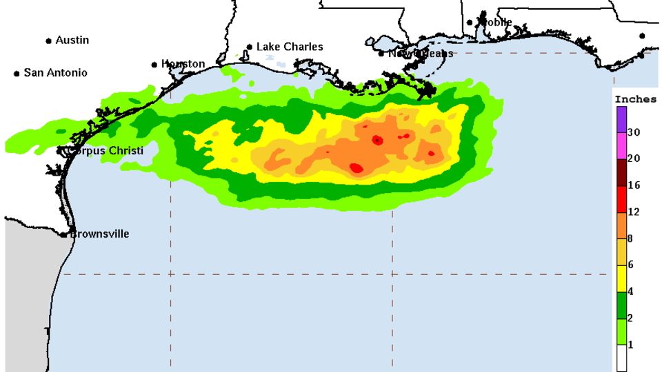 Bertha's rainfall forecast for the Gulf Coast through early Friday morning shows its heaviest downpours will likely remain offshore. - NOAA