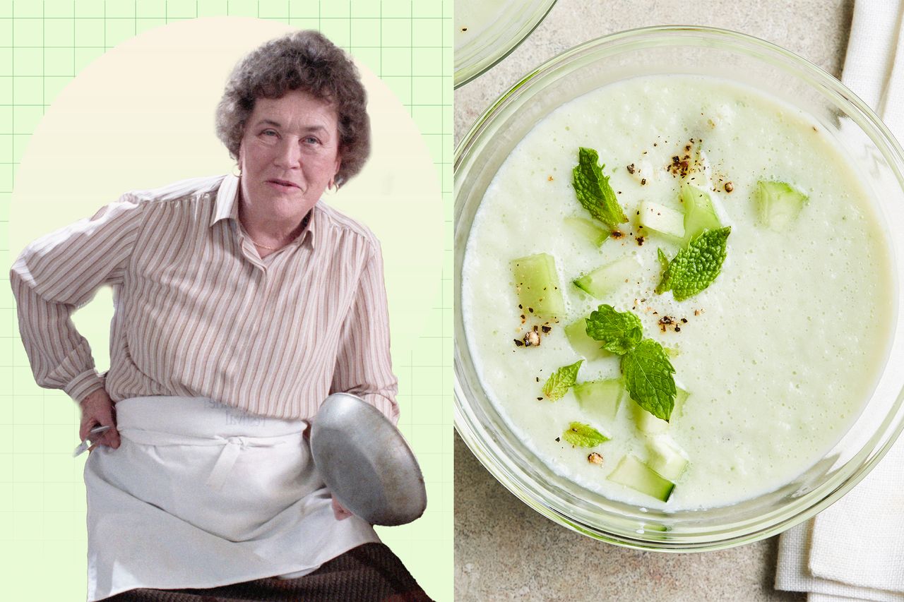 a side by side photo of Julia Child and EatingWell's Cold Cucumber Soup recipe