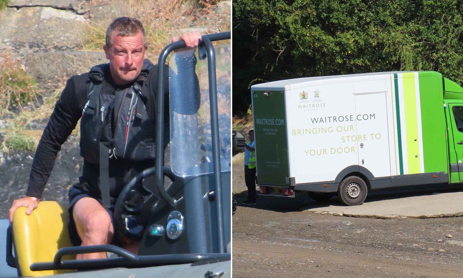 Bear Grylls is seen collecting his Waitrose shopping on Welsh beach