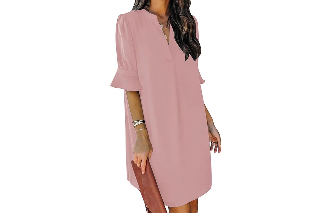 QACOHU Summer Dresses for Women V Neck Ruffle Short Sleeve Casual Shift Dress