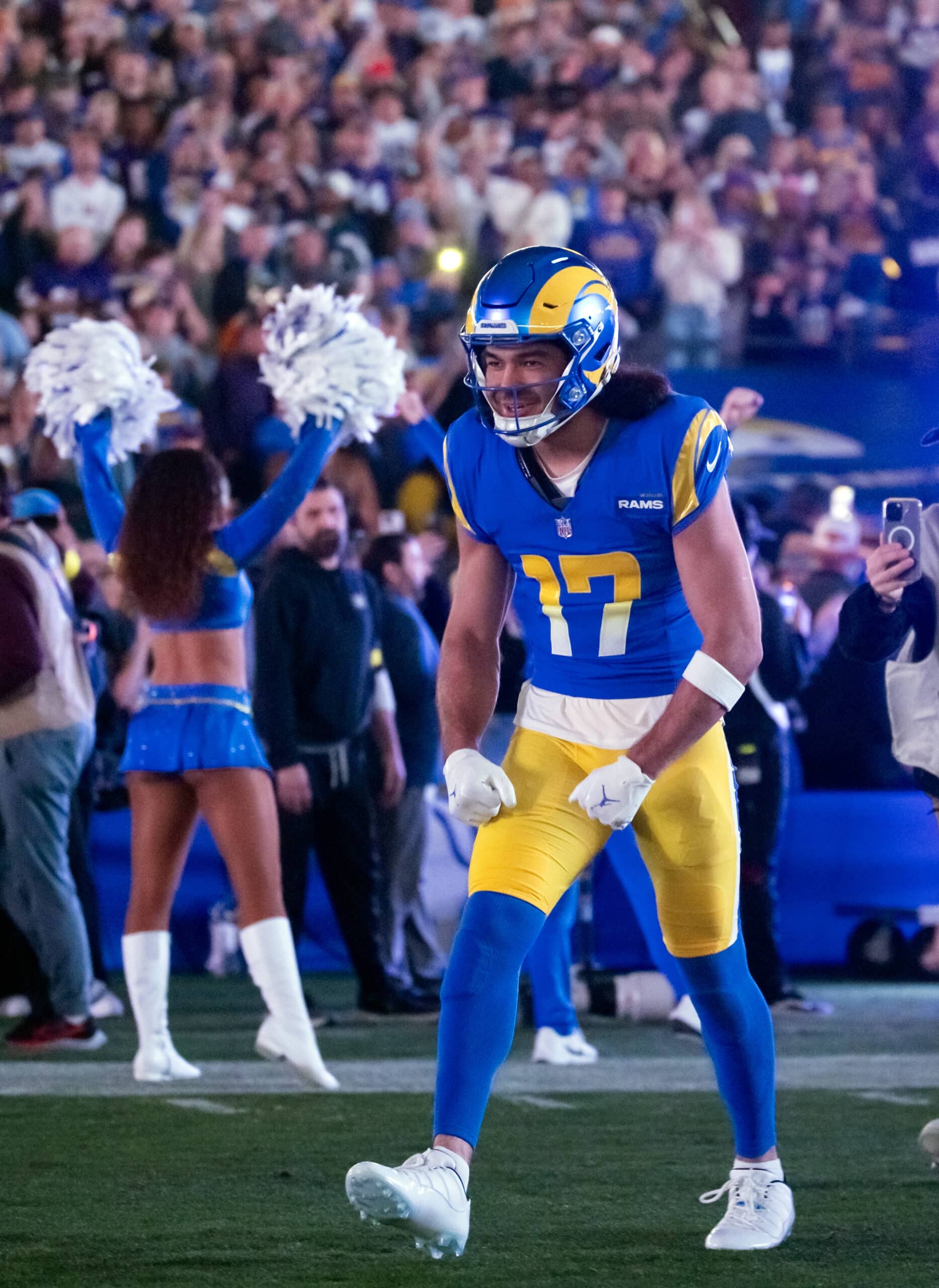Jan 13, 2025; Glendale, AZ, USA; Los Angeles Rams wide receiver Puka Nacua (17) against the Minnesota Vikings during an NFC wild card game at State Farm Stadium. Mandatory Credit: Mark J. Rebilas-Imagn Images
