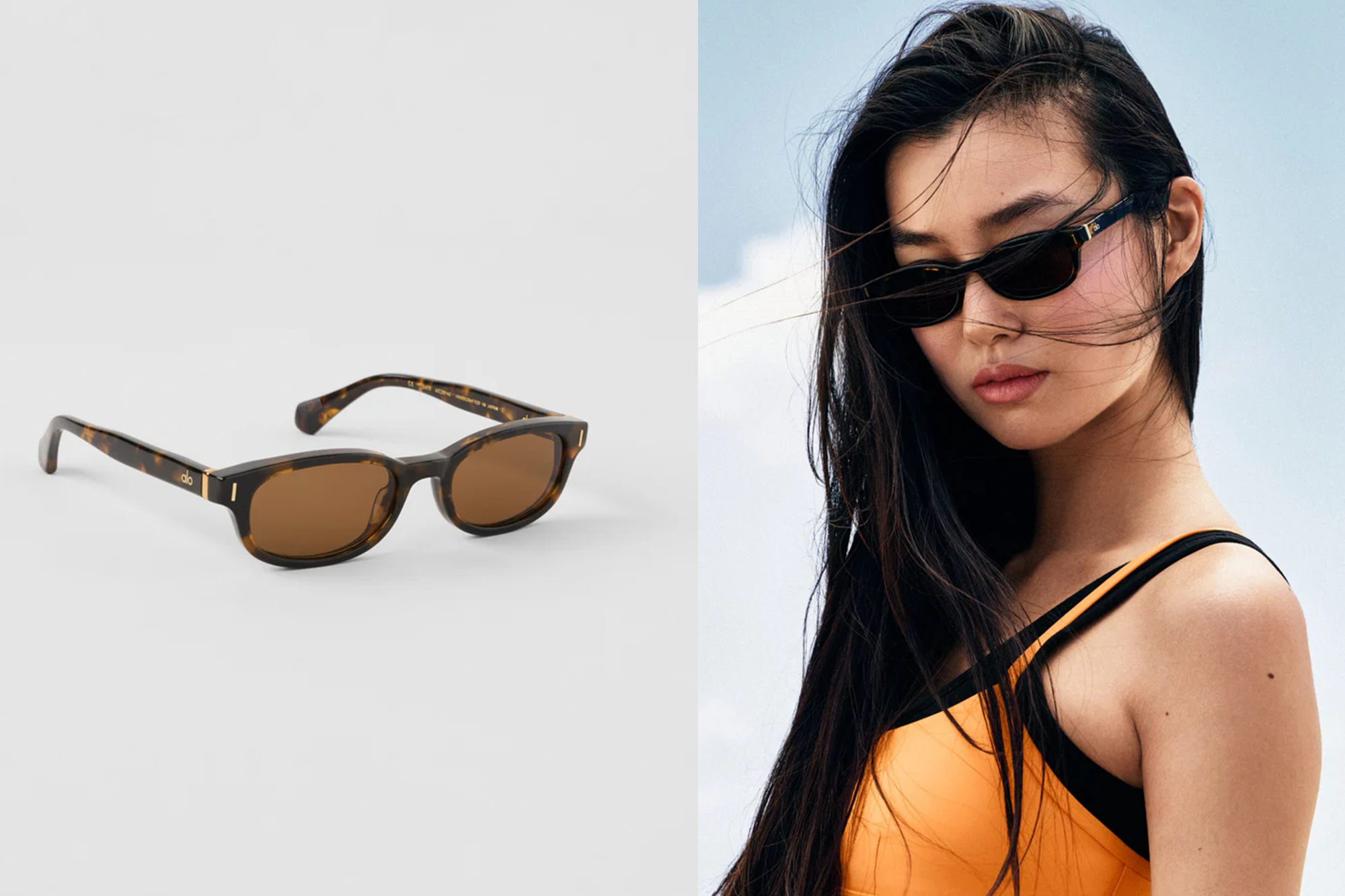 Collage of tortoiseshell sunglasses and a woman wearing them.