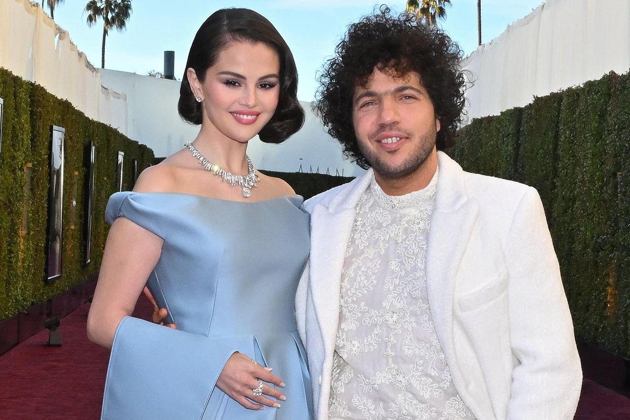 Selena Gomez, Benny Blanco during the 82nd Annual Golden Globes held at The Beverly Hilton on January 05, 2025 in Beverly Hills, California.