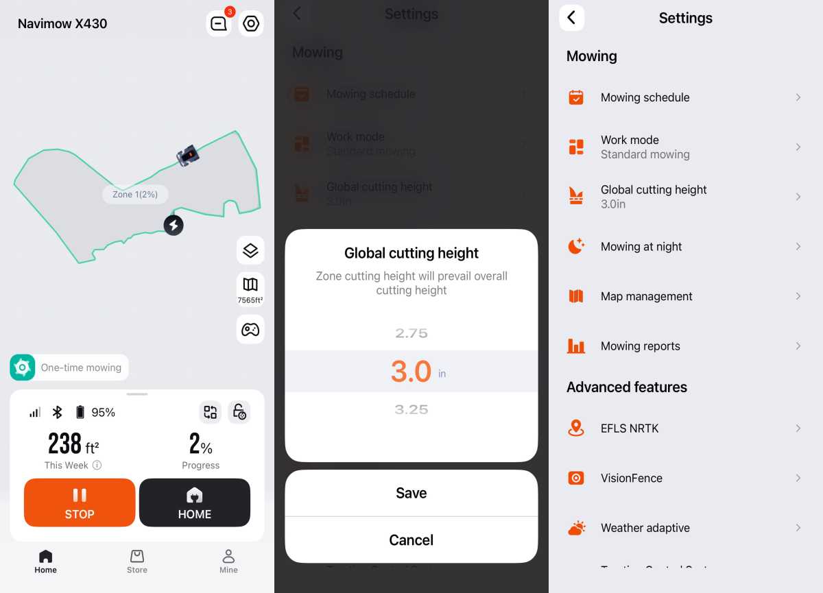 The Navimow app tracks the X430’s mowing progress and puts cutting height, schedules, mapping, and advanced settings within easy reach.