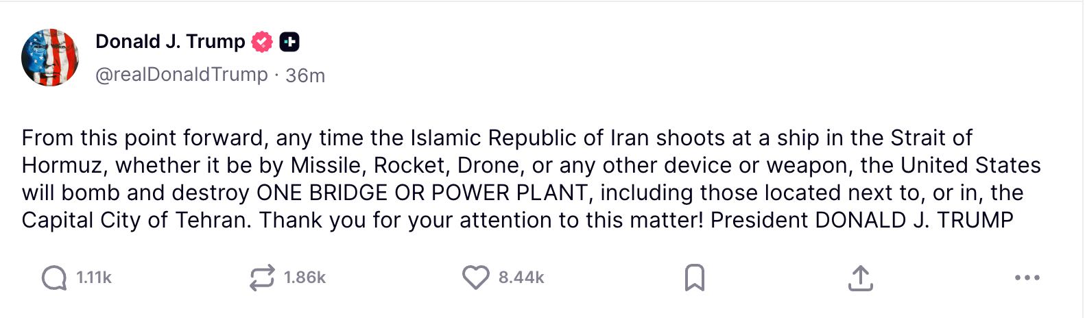 Trump lobs new threat at Iran. / Truth Social
