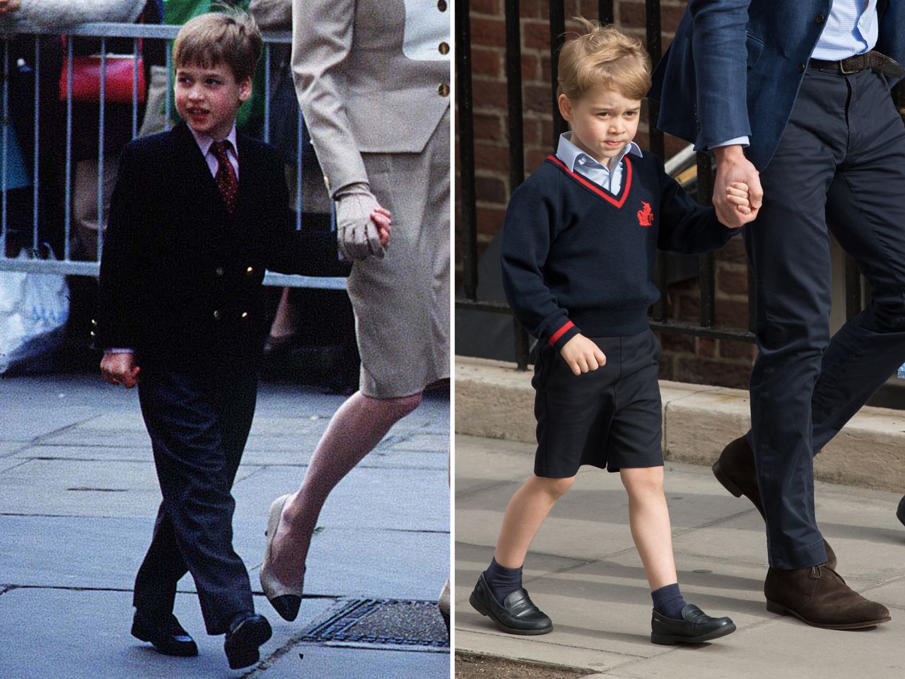 Prince George of Cambridge as a young boy and in a school uniform showing two moments in early childhood