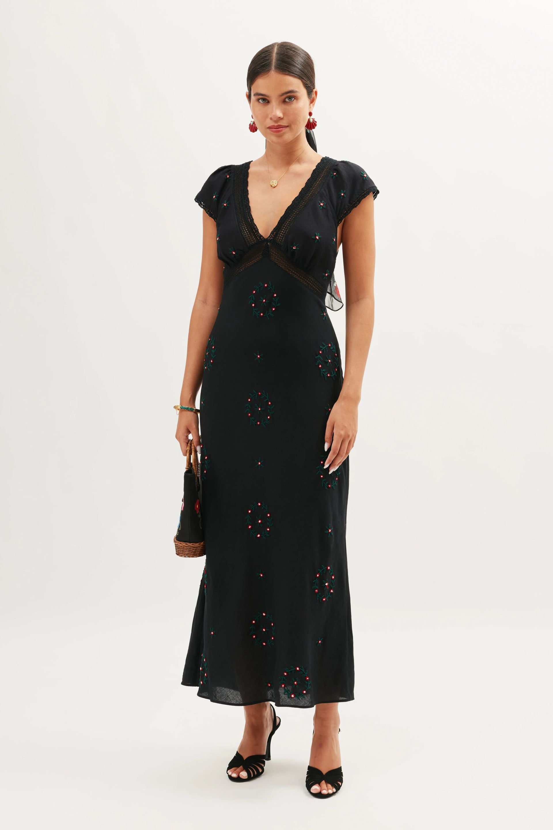 Iggy Embroidered Linen Dress in Rose Trail Embroidery Black