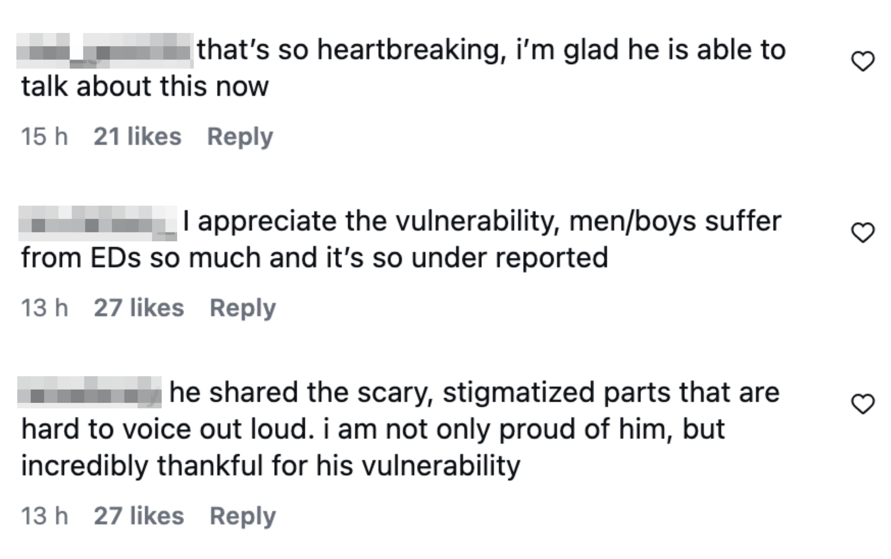 Comments supporting someone's openness about overcoming an eating disorder