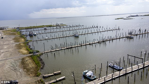 A nearly empty Joshua's Marina set outside the the levee protection and storm surge area in Buras, Louisiana on July 21