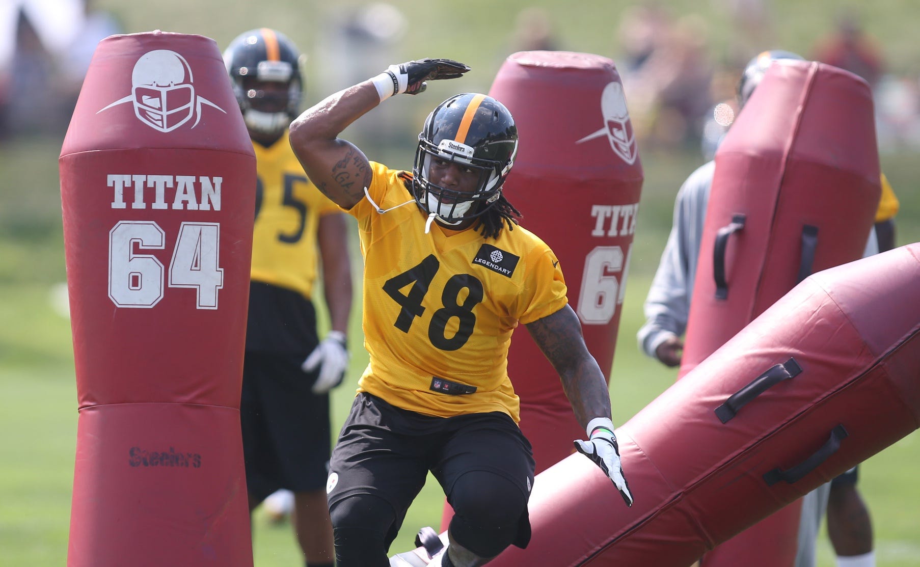 Jul 27, 2015; Latrobe, PA, USA; Pittsburgh Steelers linebacker Bud Dupree (48) participates in drills during training camp at Saint Vincent College. Mandatory Credit: Charles LeClaire-USA TODAY Sports