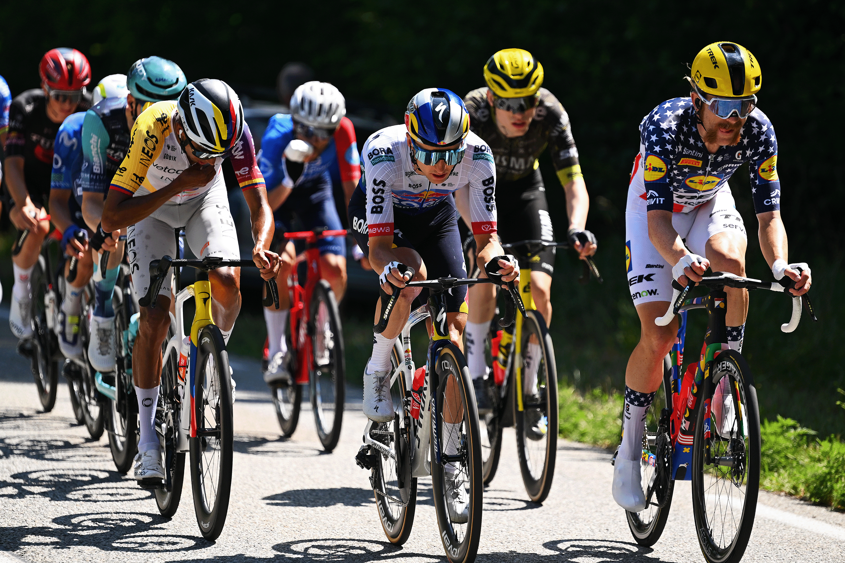 Jai Hindley of Red Bull - BORA - hansgrohe and Quinn Simmons of Lidl - Trek ride at the front of the race