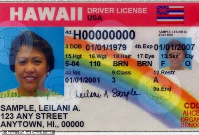 An older Hawaii driver’s license featured a vivid rainbow and color photograph, in contrast with the redesigned card’s muted palette and black-and-white portrait