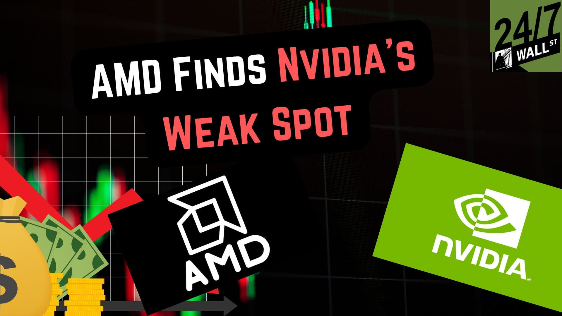 A graphic featuring the bold text 'AMD FINDS NVIDIA'S WEAK SPOT' in white and red against a black banner. The AMD logo, a white geometric design on a black square, is on the left, while the NVIDIA logo, a white eye-like symbol and text on a green rectangle, is on the right. In the background, a stock chart with red and green candlesticks and a prominent red downward arrow suggests a market decline, alongside a yellow money bag, green banknotes, and stacks of gold coins.