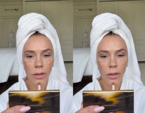 Victoria Beckham scribbles on her own face with her blusher crayon